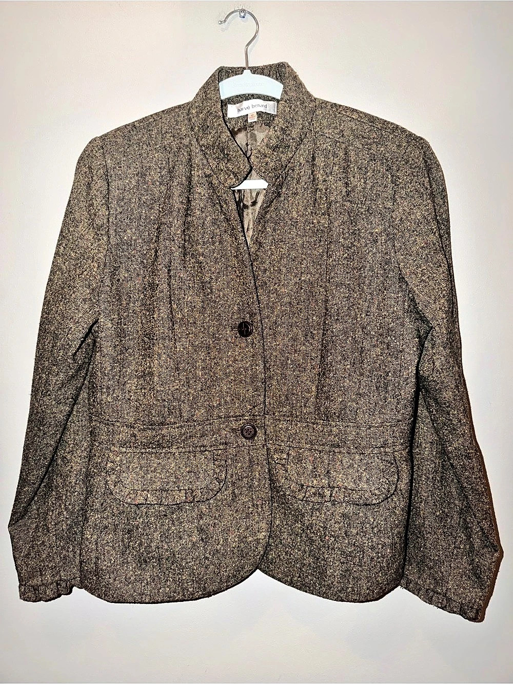 Harve Benard Wool Blend Tweed Blazer Jacket Olive Brown Mock Neck Size 12